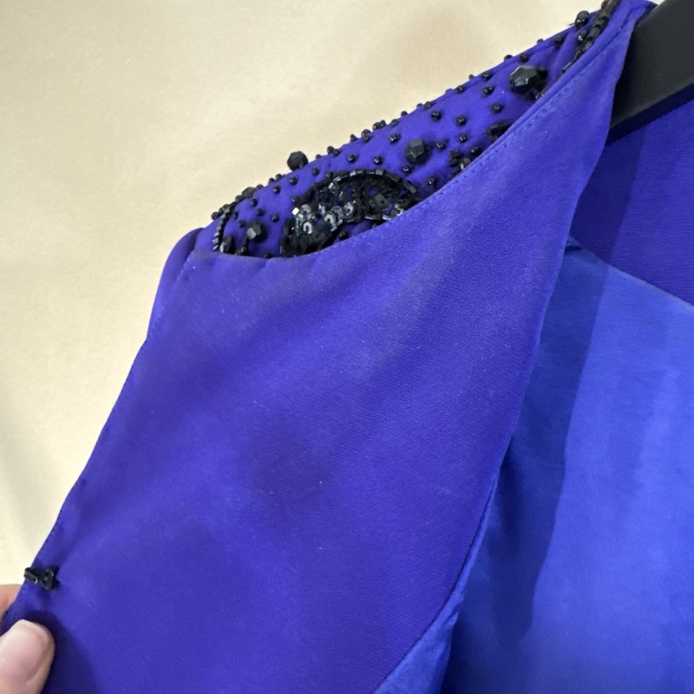 VINTAGE Black Tie Oleg Cassini Wide Leg Pants Suit Purple Black Beaded Sz 8 - Picture 4 of 15